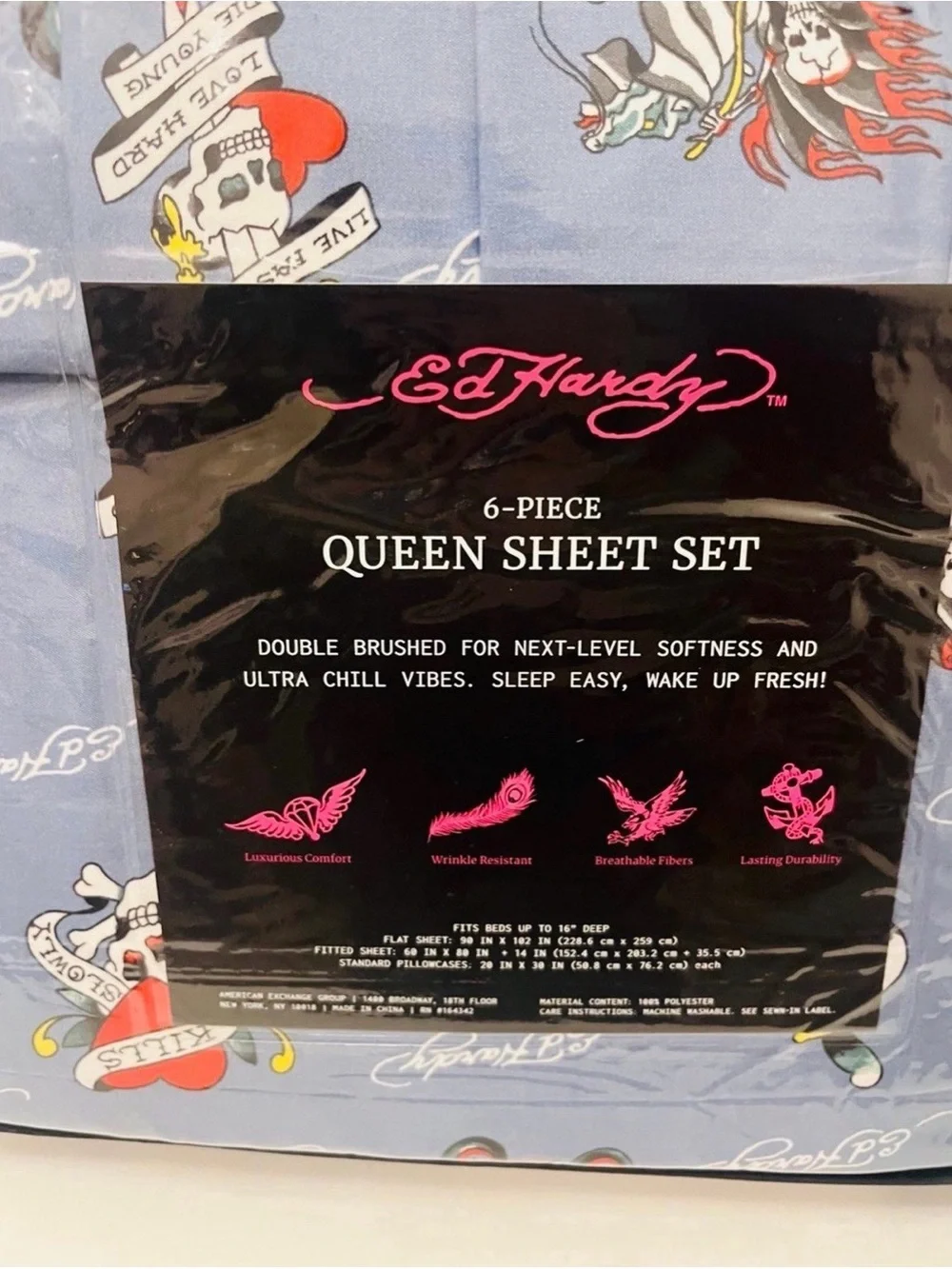 Ed Hardy Blue 6 Piece Queen Size Sheet Set Motorcycles Skulls Love Kills Slowly
